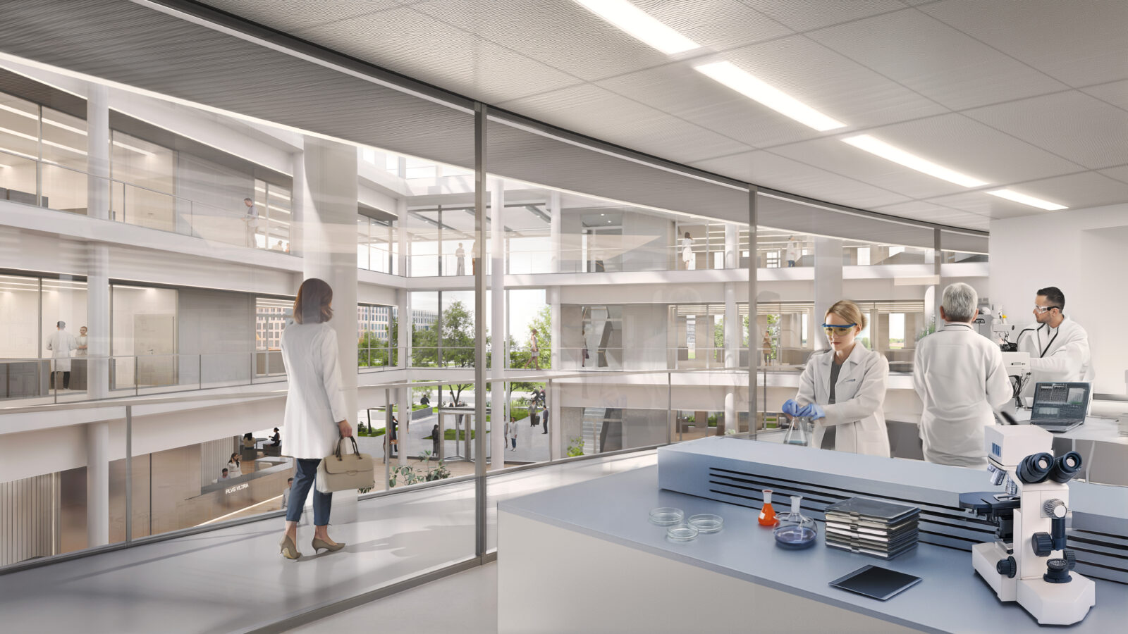 Architectural render of a Kadans Science Partner lab (perspective laboratory) with researchers in white coats, a microscope, and a glass atrium view.