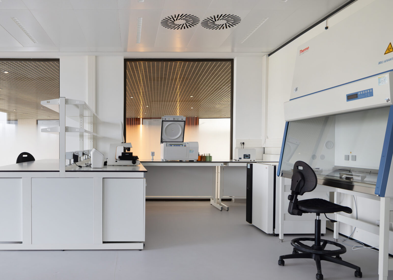 Well-equipped Kadans Science Partner laboratory with a biosafety cabinet, centrifuge, microscope, and dedicated research workbenches.