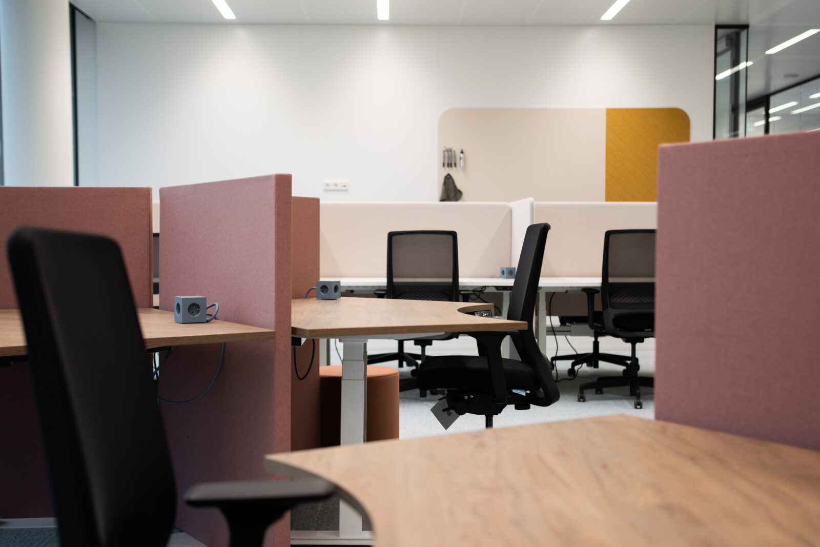 Office with several empty desks and divider screens between workspaces